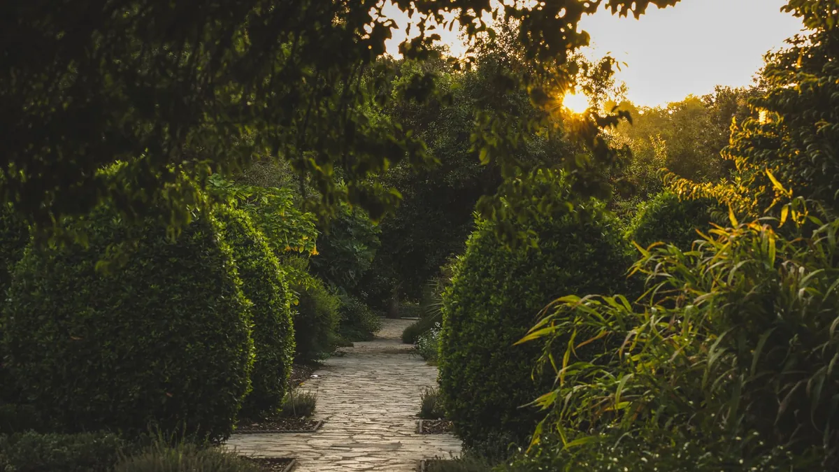 A serene stone pathway through a lush garden at sunset, perfect for nature enthusiasts.